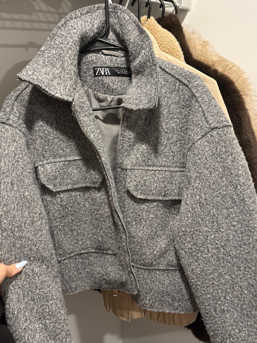 Zara Gray Textured Wool-Blend Zip Jacket